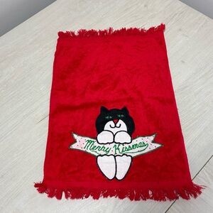 Vintage Stevens Christmas Cat Merry Kissmas Red Fringe Hand Towel Holiday Decor